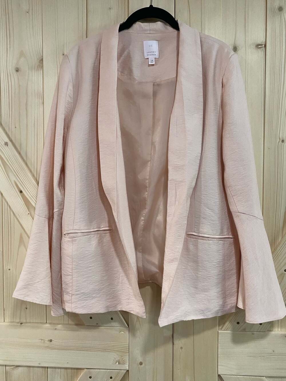 LC Lauren Conrad Pink Blush Open Front Jacket Bell Sleeve Lined Size 14